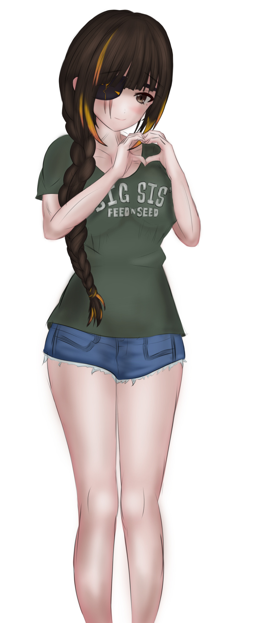 1girl absurdres abukumacl braid brown_hair denim denim_shorts eyepatch girls'_frontline hat heart heart_hands highres looking_at_viewer m16a1_(girls'_frontline) muscular muscular_female scar shirt shorts t-shirt