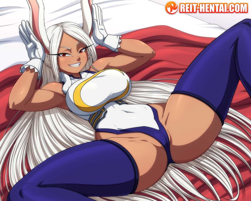 2023 5_fingers animal_humanoid big_breasts biped blush breasts clothed clothing compression_artifacts female fingers gloves hair handwear humanoid lagomorph lagomorph_humanoid legwear leporid_humanoid long_hair looking_at_viewer lying mammal mammal_humanoid miruko my_hero_academia on_back purple_clothing purple_legwear purple_thigh_highs rabbit_humanoid red_eyes reit smile solo thigh_highs tight_clothing white_clothing white_gloves white_hair white_handwear
