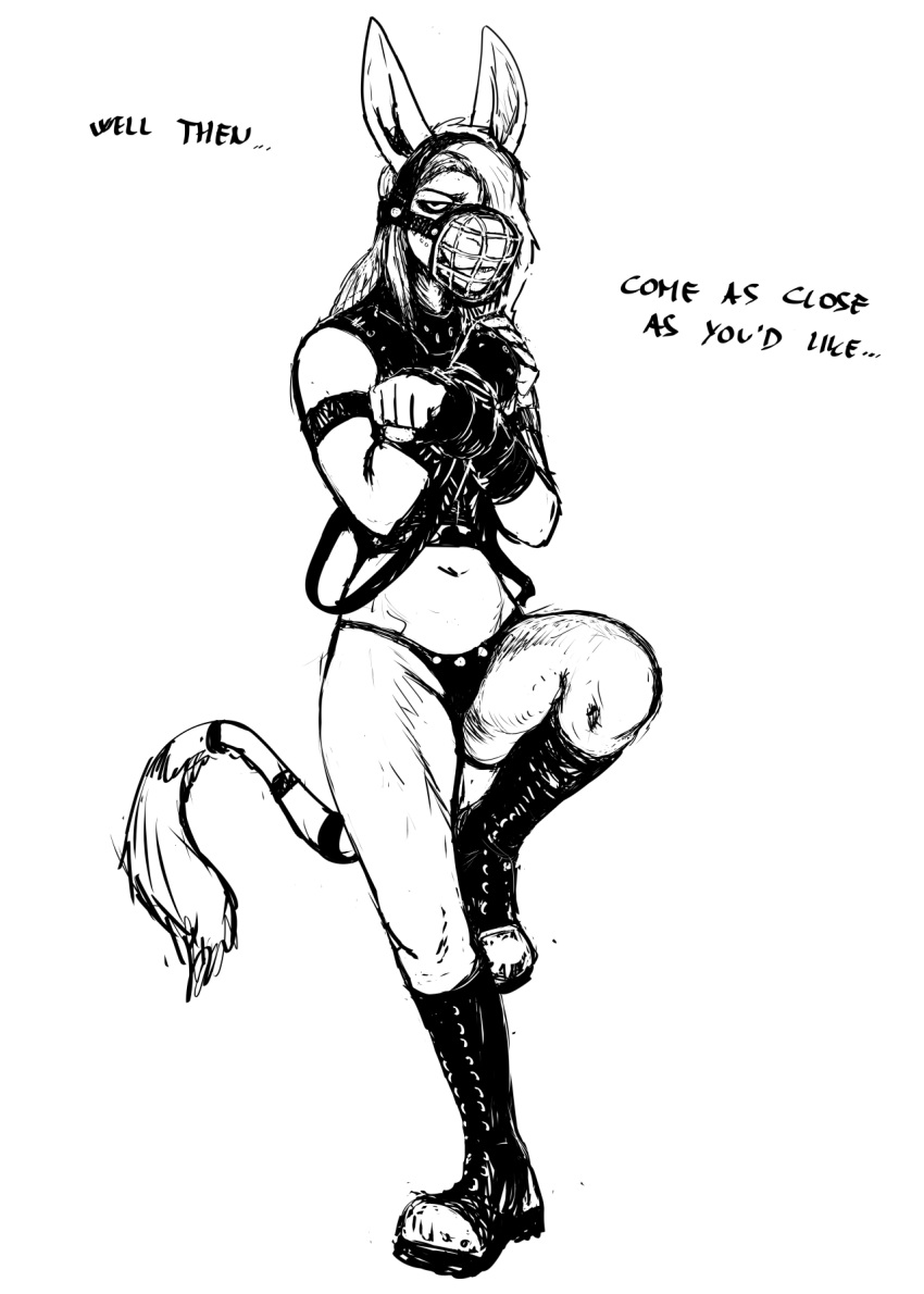 2023 anthro asinus black_and_white boots clothing dialogue donk donkey english_text equid equine fingerless_gloves footwear gloves handwear hi_res hladilnik jojo's_bizarre_adventure male mammal monochrome muzzle_(object) petplay pose roleplay smile smirk solo text thong underwear