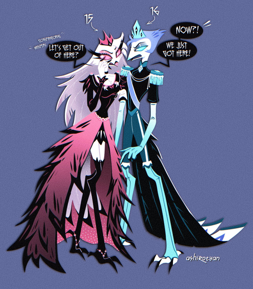 andrealphus_(helluva_boss) anthro ashirotyan avian bird blue_background blue_eyes blue_hair brother brother_and_sister clothing crown dialogue dress duo female formal_clothing formal_wear hair headgear helluva_boss hi_res long_hair looking_sideways male owl owl_demon pink_eyes short_hair sibling simple_background sister speech_bubble standing stella_(helluva_boss) teenager text whispering white_hair white_text young