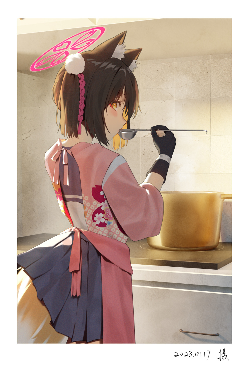 1girl absurdres animal_ear_fluff animal_ears apron black_gloves blue_archive blue_sailor_collar blue_skirt border brown_hair dated film_grain fox_ears fox_tail from_behind gloves halo highres holding holding_ladle indoors izuna_(blue_archive) japanese_clothes kimono ladle long_sleeves looking_at_viewer mr-shin orange_tail partially_fingerless_gloves pink_apron pink_kimono sailor_collar short_hair signature skirt solo tail white_border yellow_eyes