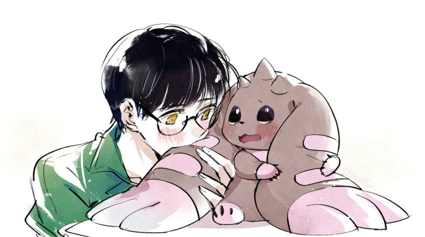 anthro bandai_namco black_hair blush brown_body brown_fur digimon digimon_(species) digimon_survive duo eyewear fur glasses hair horn human lanllan long_ears lopmon lopmon_(survive) male mammal shuuji_kayama