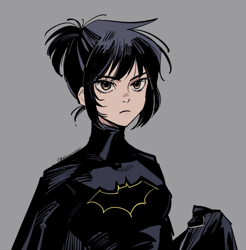 1girl bangs batgirl batman_(series) black_bodysuit black_hair bodysuit breasts brown_eyes cape cassandra_cain closed_mouth dc_comics frown gloves grey_background highres hokkemaruyaki looking_at_viewer medium_breasts short_hair solo standing superhero