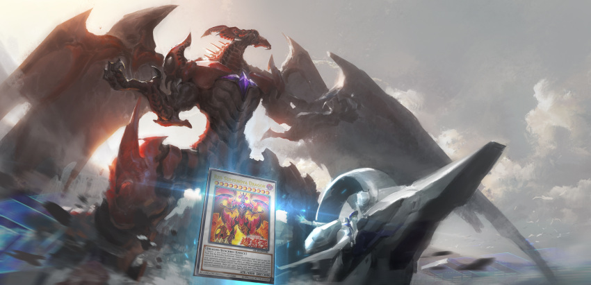 1boy absurdres card cloud dragon duel_monster helmet highres jack_atlas leo-dont-want-to-be-a-painter long_sleeves male_focus on_vehicle outstretched_arm red_supernova_dragon riding yu-gi-oh! yu-gi-oh!_5d's