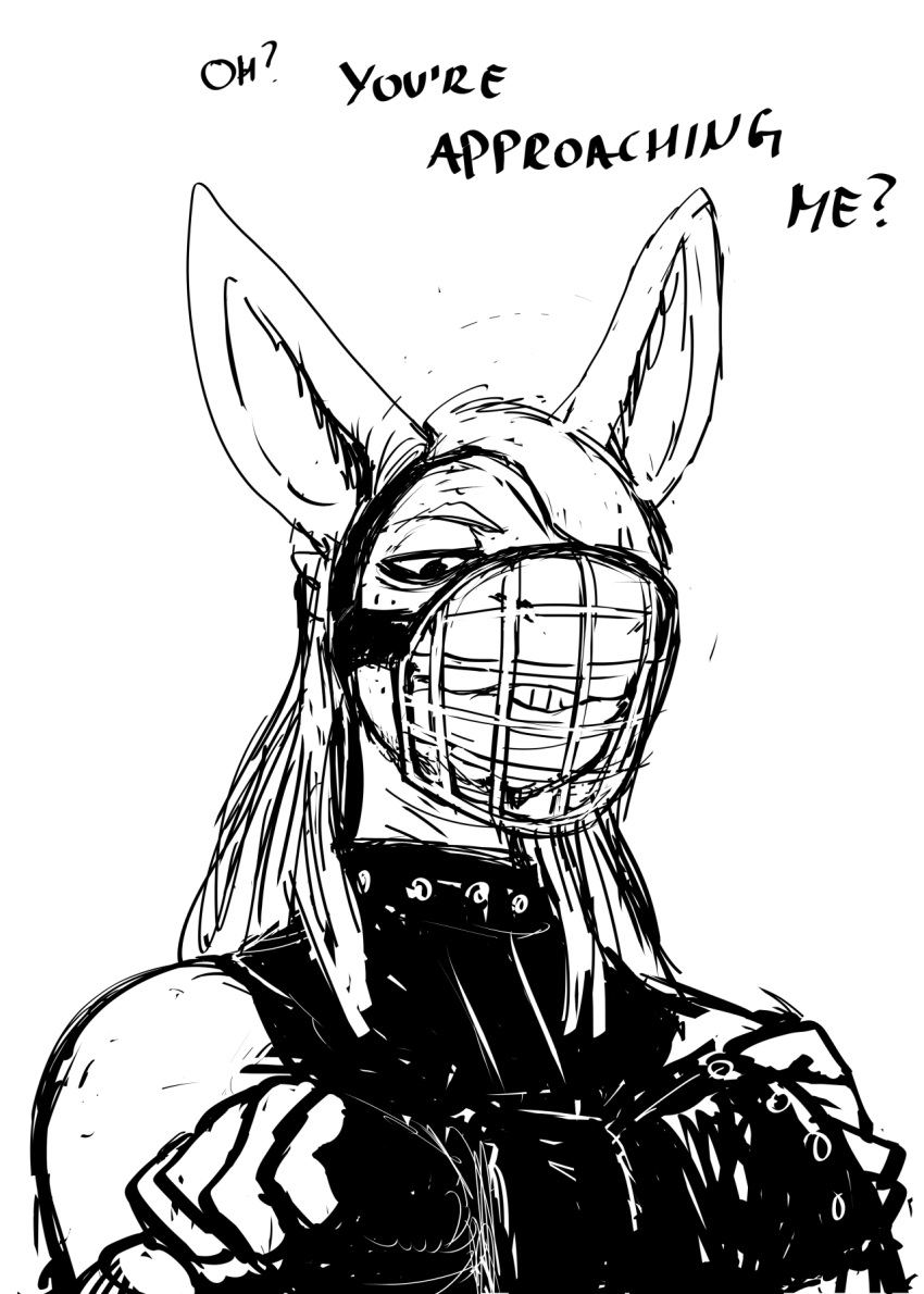 2023 anthro asinus black_and_white clothing dialogue donk donkey english_text equid equine fingerless_gloves gloves handwear hi_res hladilnik jojo's_bizarre_adventure male mammal monochrome muzzle_(object) smile smirk solo text