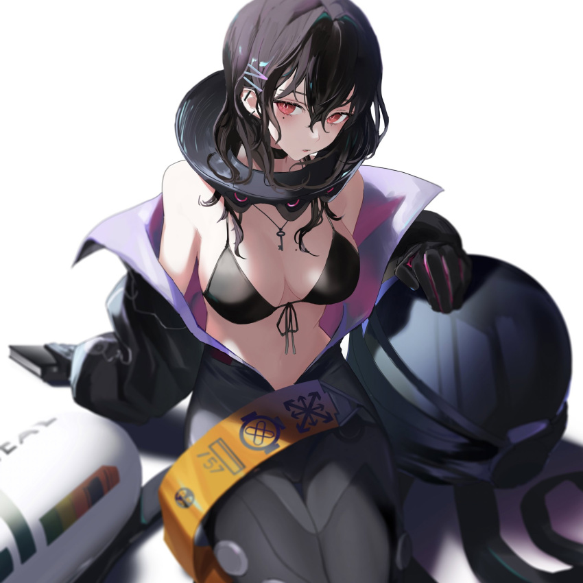 bikini bikini_top_only black_bikini black_gloves black_hair bodysuit breasts collar diving_helmet diving_suit from_above girls'_frontline girls'_frontline_neural_cloud gloves hatsuchiri_(girls'_frontline_nc) helmet highres jewelry key_necklace looking_at_viewer metal_collar mole mole_under_eye necklace open_wetsuit oxygen_tank red_eyes sankichi_(croquette_crab) sitting swimsuit wet wet_hair wetsuit white_background