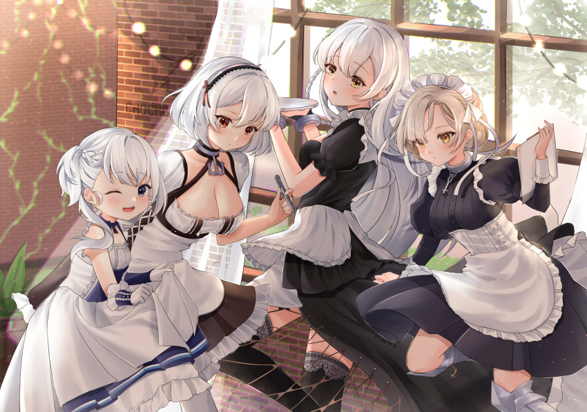 4girls absurdres aged_down anchor_choker apron azur_lane black_dress black_thighhighs braid breasts brown_dress cleavage dress fishnets french_braid frilled_apron frilled_dress frilled_gloves frills gloves hermione_(azur_lane) highres holding holding_tray indoors juliet_sleeves large_breasts light_brown_hair little_bel_(azur_lane) long_hair long_sleeves looking_at_viewer maid_apron maid_headdress medium_breasts multiple_girls one_eye_closed puffy_short_sleeves puffy_sleeves red_eyes sheffield_(azur_lane) short_hair short_sleeves showgirl_skirt sirius_(azur_lane) thighhighs tray tsuki_1309 very_long_hair waist_apron white_apron white_dress white_gloves white_hair window yellow_eyes