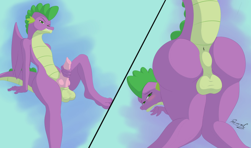 2021 absurd_res aged_up anthro anus backsack balls blush butt digital_drawing_(artwork) digital_media_(artwork) dragon dragon_tail dragon_wings friendship_is_magic genitals green_body green_scales hasbro hi_res looking_at_viewer male multicolored_body multiple_images my_little_pony nude penis penis_grab purple_body raised_tail reminic scales shy signature simple_background smile solo spike_(mlp) submissive submissive_male tail two_tone_body wings