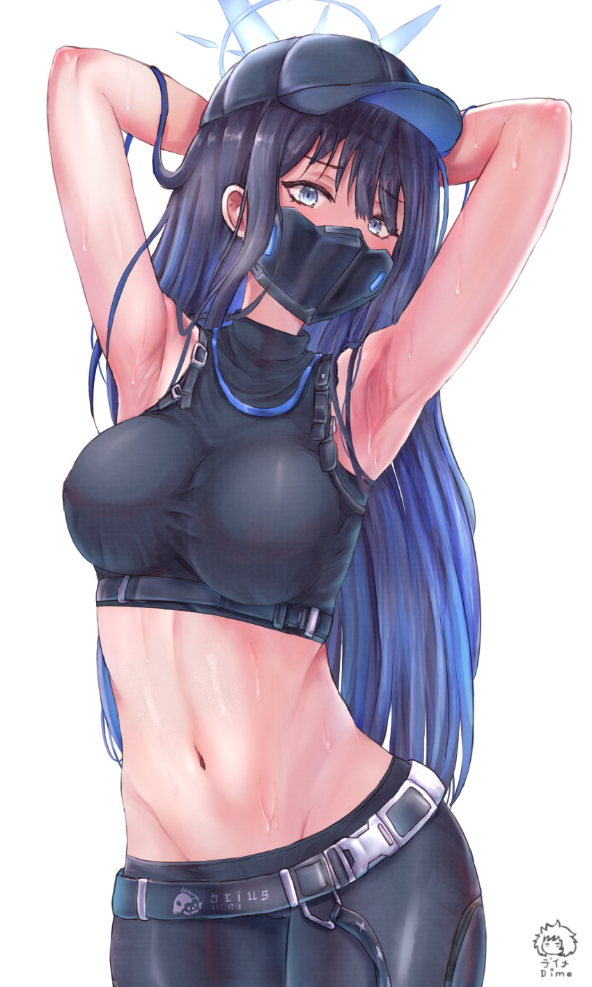 1girl absurdres armpits arms_up bare_arms bare_shoulders baseball_cap black_headwear black_pants black_shirt blue_archive blue_eyes blue_hair breasts commentary_request cowboy_shot crop_top dime-san hat highres leggings long_hair looking_at_viewer mask midriff mouth_mask navel pants partial_commentary saori_(blue_archive) shirt simple_background sleeveless sleeveless_shirt solo standing stomach sweat very_long_hair white_background