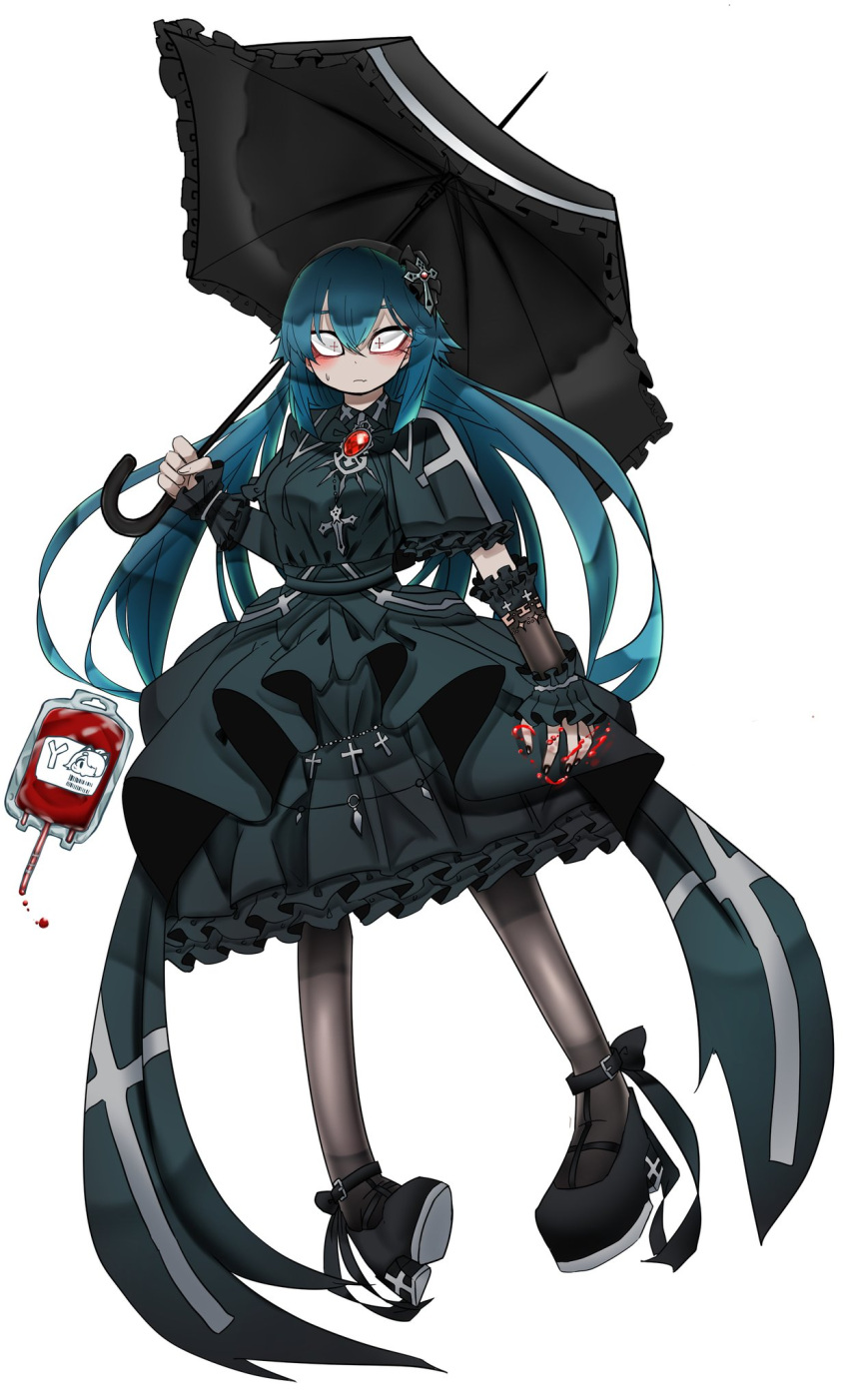 +_+ 1girl arm_warmers bangs bianca_(black_survival) black_dress black_footwear black_nails black_pantyhose black_survival black_umbrella blood blood_bag blue_hair blush breasts brooch closed_mouth commentary_request cross cross_necklace dress fang fang_out fingernails frilled_dress frilled_umbrella frills full_body gem gothic_lolita hair_between_eyes hemokinesis highres jewelry kurodani_yamame lolita_fashion long_hair looking_at_viewer medium_breasts nail_polish necklace pantyhose red_eyes red_gemstone rinyamame shoes simple_background solo touhou umbrella very_long_hair white_background