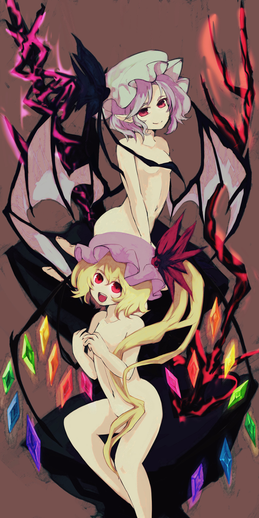 absurdres bad_id bad_pixiv_id bat_wings blonde_hair censored convenient_arm convenient_censoring convenient_head flandre_scarlet hair_censor hair_over_crotch highres long_hair looking_at_viewer multiple_girls no_nose nude purple_hair red_eyes remilia_scarlet short_hair siblings side_ponytail sisters touhou very_long_hair wings yugemu