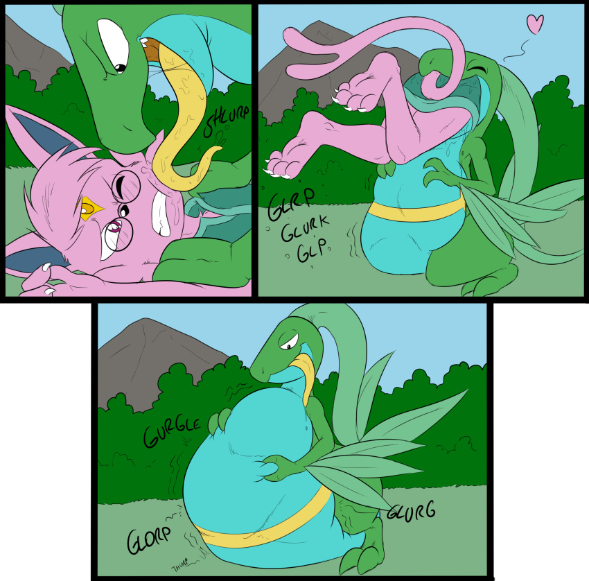 belly big_belly comic eeveelution espeon grovyle licking nintendo noel nonine oral_vore pok&eacute;mon pok&eacute;mon_(species) saliva same_size_vore soft_vore sparky_the_chu swallowing tongue tongue_out video_games vore