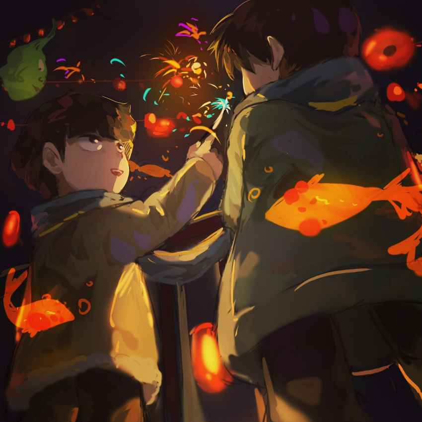 2boys :d black_hair black_pants brothers ekubo_(mob_psycho_100) eye_contact fireworks fish goldfish highres jacket kageyama_ritsu kageyama_shigeo looking_at_another male_focus mob_psycho_100 multiple_boys night night_sky open_mouth outdoors pants siblings sky smile sparkler standing younger