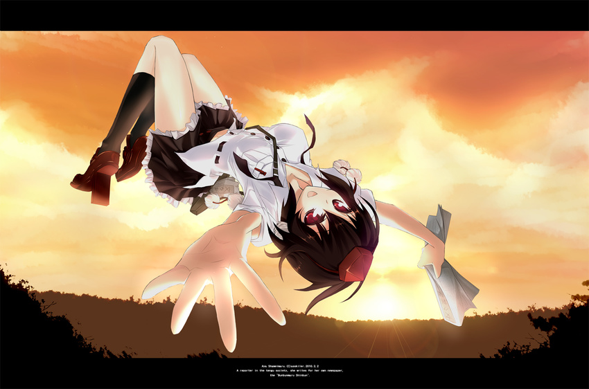 asskiler bad_id bad_pixiv_id black_hair geta hat looking_at_viewer open_mouth outstretched_arms outstretched_hand reaching red_eyes shameimaru_aya short_hair sky socks solo tengu-geta tokin_hat touhou