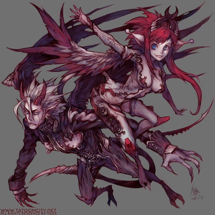 blue_eyes breasts claws cleavage highres horns large_breasts long_hair monster_girl original red_hair solo yi_lee