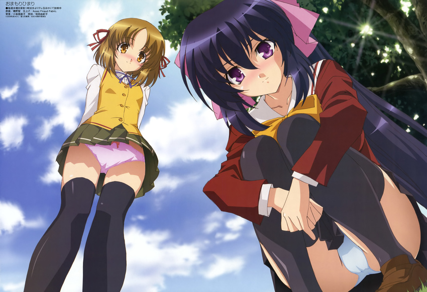 absurdres black_legwear blush bow brown_eyes brown_hair cloud day from_below hair_bow hair_ribbon highres isono_satoshi kuzaki_rinko long_hair megami multiple_girls noihara_himari non-web_source official_art omamori_himari panties pantyshot pink_panties purple_eyes purple_hair ribbon school_uniform serafuku short_hair sky thighhighs underwear upskirt very_long_hair white_panties