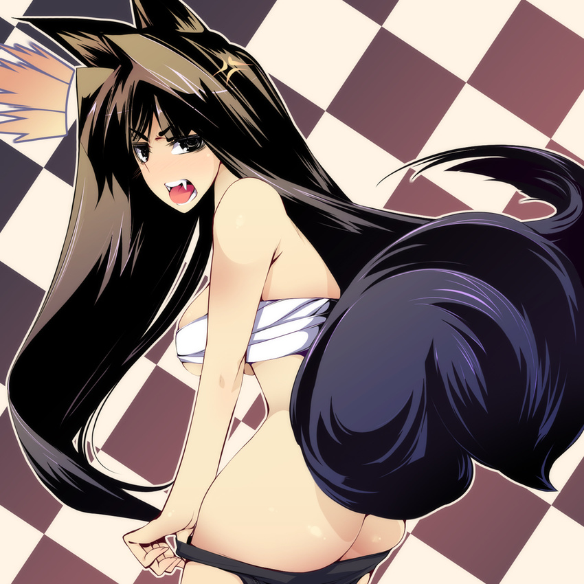 angry animal_ears ass bandages blush breasts brown_eyes brown_hair dragonmaterial fangs large_breasts long_hair looking_back original sarashi solo tail undressing