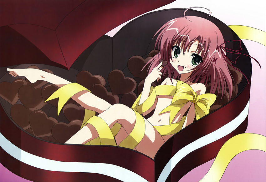 absurdres ahoge barefoot bow box box_of_chocolates chocolate chocolate_heart feet flat_chest green_eyes hair_ribbon heart heart-shaped_box highres in_box in_container leg_up legs lying morimoto_hirofumi naked_ribbon navel non-web_source nude nyantype on_back open_mouth pink_hair ribbon sakurano_kurimu seitokai_no_ichizon short_hair sitting solo toe-point valentine