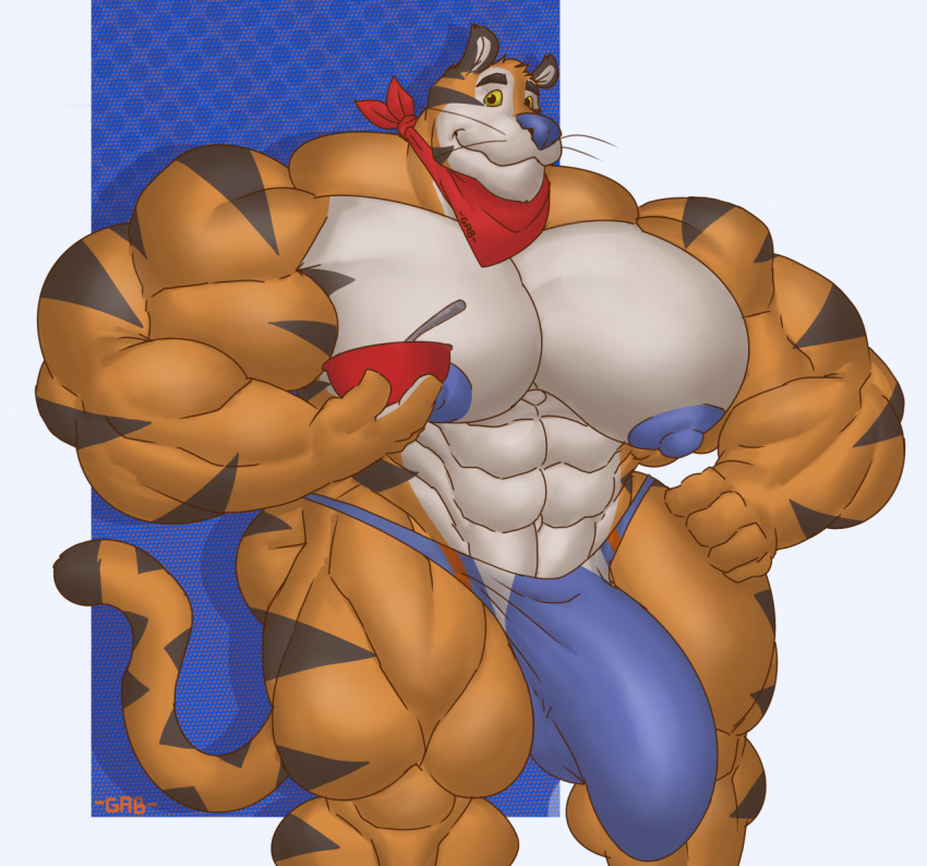 2022 abs anthro areola bandanna biceps big_bulge big_muscles biped bowl bulge clothing container cutlery digital_media_(artwork) felid frosted_flakes gabgbb genitals half-erect huge_bulge huge_muscles hyper hyper_muscles kellogg's kerchief kitchen_utensils male mammal mascot mostly_nude muscular navel nipples pantherine pecs penis quads simple_background smile solo spoon thick_thighs tiger tony_the_tiger tools triceps underwear wide_hips