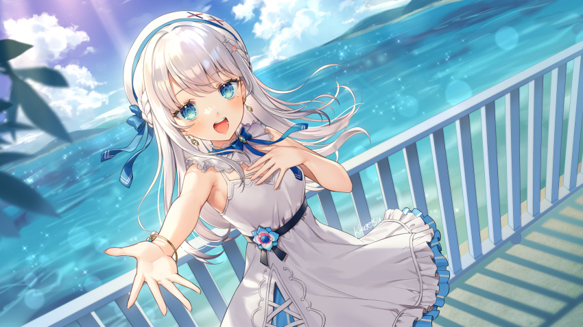 1girl bangs beret blue_eyes breasts day dress earrings hat highres indie_virtual_youtuber jewelry kikugetsu looking_at_viewer nagino_mashiro neck_ribbon ocean official_art open_mouth outdoors railing reaching_towards_viewer ribbon sleeveless sleeveless_dress small_breasts solo standing virtual_youtuber white_hair white_headwear