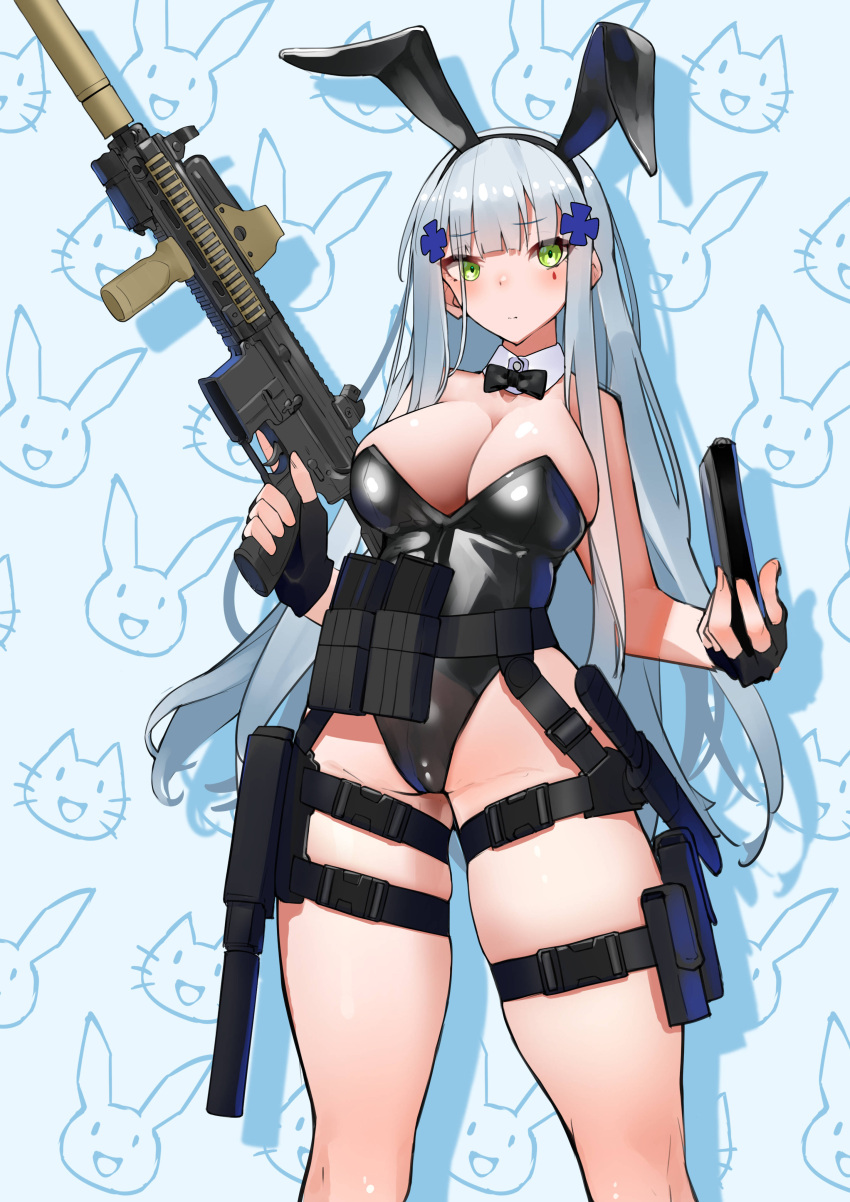 1girl absurdres animal_ears assault_rifle black_leotard bow bowtie breasts cleavage cowboy_shot detached_collar facial_mark fake_animal_ears fingerless_gloves girls'_frontline gloves green_eyes gun h&amp;k_hk416 handgun highres hk416_(girls'_frontline) holding holding_gun holding_magazine_(weapon) holding_weapon holster holstered_weapon large_breasts leotard long_hair magazine_(weapon) playboy_bunny rabbit rabbit_ears rifle ringobatake solo standing strapless strapless_leotard suppressor tactical_playboy_bunny teardrop_facial_mark teardrop_tattoo thigh_holster traditional_bowtie trigger_discipline weapon white_hair wrist_cuffs