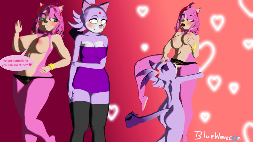 3d_(artwork) amy_rose anthro big_breasts blaze_the_cat blender_(software) bluewavecon blush bodily_fluids breast_grab breasts clothing cunnilingus digital_media_(artwork) domestic_cat drooling duo english_text eulipotyphlan felid feline felis female female/female fur genitals green_eyes hair hand_on_breast hedgehog hi_res lactating legwear mammal mature_female nipples nude oral pink_body purple_body purple_fur pussy saliva sega sex sonic_the_hedgehog_(series) text thick_thighs thigh_highs translucent translucent_clothing translucent_underwear underwear vaginal widescreen