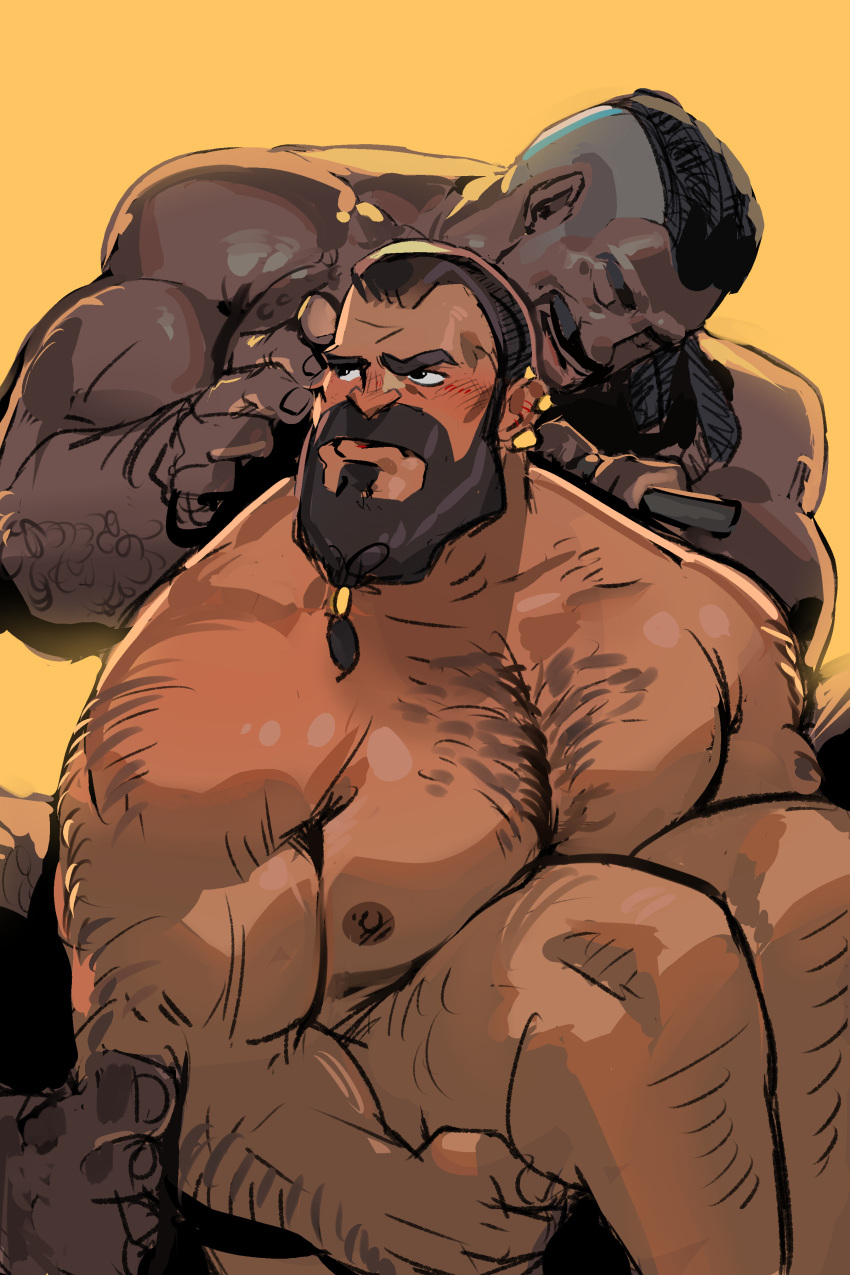 2boys absurdres arm_hair bara beard black_skin blush chest_hair chivo_(kalchivo) colored_skin completely_nude couple dark-skinned_male dark_skin dragon_age dragon_age_absolution dwarf facial_hair flustered hairy highres interracial knees_up lacklon_(dragon_age) large_pectorals long_beard male_focus mature_male multiple_boys muscular muscular_male nipples nude pectorals playing_with_another's_hair roland_(dragon_age) short_hair sitting thick_eyebrows unfinished yaoi