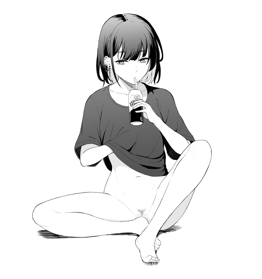 1girl absurdres bangs barefoot black_hair bottomless can chain clothes_lift cross cross_earrings drinking drinking_straw drinking_straw_in_mouth ear_piercing earrings feet female_admiral_(kancolle) female_pubic_hair full_body greyscale hand_under_clothes hand_under_shirt hand_up highres holding holding_can jewelry kantai_collection legs lifted_by_self looking_at_viewer monochrome mouth_hold naked_shirt navel original piercing pubic_hair pussy shirt shirt_lift short_hair short_sleeves simple_background sitting sparse_pubic_hair strong_zero t-shirt takaman_(gaffe) toes