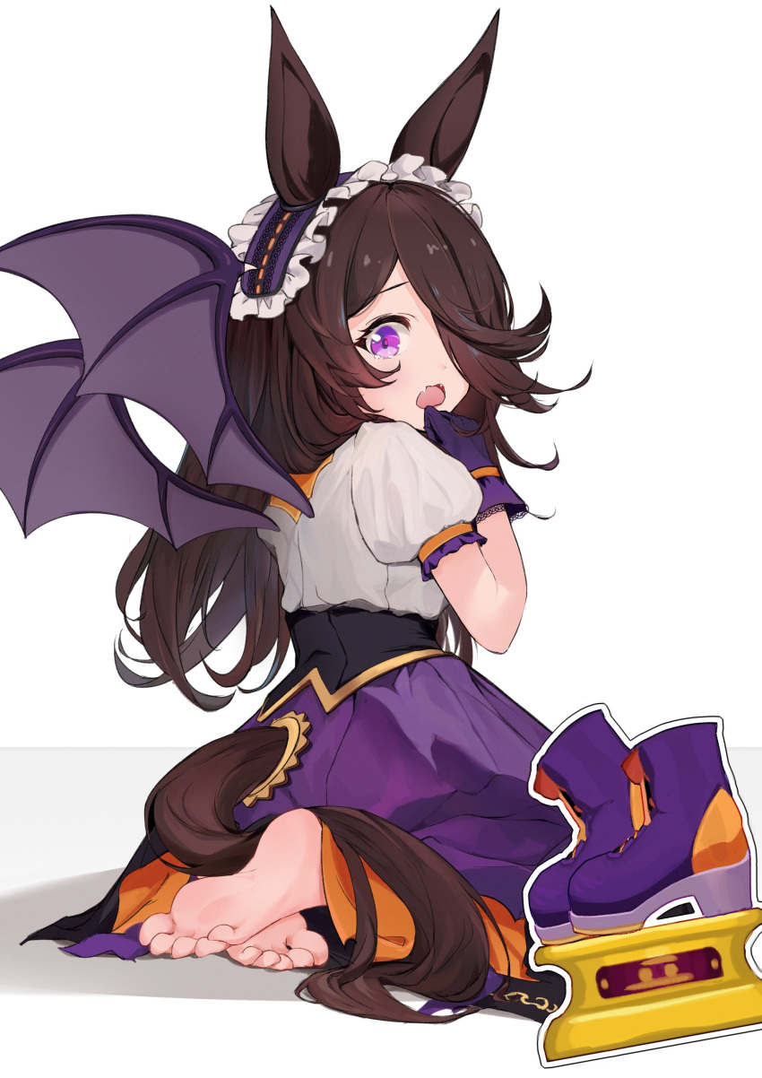 1girl absurdres animal_ears bangs barefoot bat_wings brown_hair frilled_hairband frills gloves hair_over_one_eye hairband halloween halloween_costume hermityy high-waist_skirt highres horse_ears horse_girl kneeling long_bangs long_hair make_up_in_halloween!_(umamusume) official_alternate_costume open_mouth purple_eyes purple_gloves purple_hairband purple_skirt purple_wings rice_shower_(make_up_vampire!)_(umamusume) rice_shower_(umamusume) shirt skirt soles solo umamusume white_shirt wings