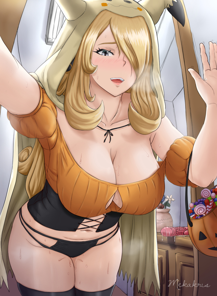 1girl after_masturbation black_corset black_panties black_thighhighs blonde_hair blush breasts breath candy cleavage cleavage_cutout cloak clothing_cutout collarbone corset cosplay cynthia_(pokemon) dildo doorway flower food grey_eyes hair_ornament hair_over_one_eye halloween halloween_bucket hand_up heavy_breathing highres hood hooded_cloak implied_after_masturbation jack-o'-lantern large_breasts leaning_forward long_hair mekakris mimikyu mimikyu_(cosplay) navel open_mouth orange_shirt outstretched_arm panties pokemon pokemon_(game) pokemon_dppt puffy_short_sleeves puffy_sleeves pussy_juice raised_eyebrows sex_toy shirt short_sleeves signature solo stomach sweat teeth thighhighs thighs underwear upper_teeth_only vase very_long_hair waving wavy_hair