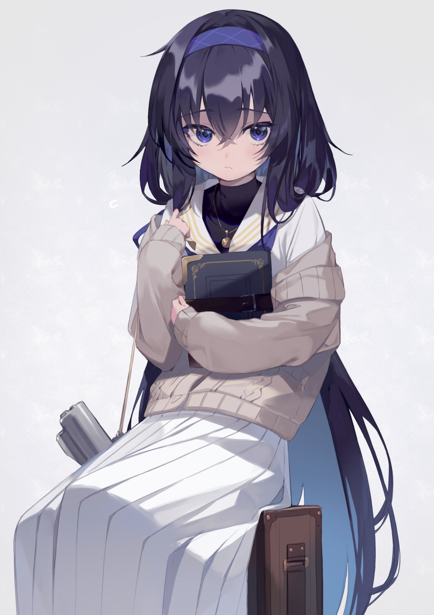 absurdres amana_(pocketkey) bangs black_hair blue_archive blue_eyes blue_hairband blue_neckerchief book brown_cardigan cardigan crossed_bangs hairband halo highres holding holding_book long_skirt low_twintails neckerchief pleated_skirt sailor_collar school_uniform serafuku sitting skirt twintails ui_(blue_archive) white_sailor_collar white_serafuku white_skirt