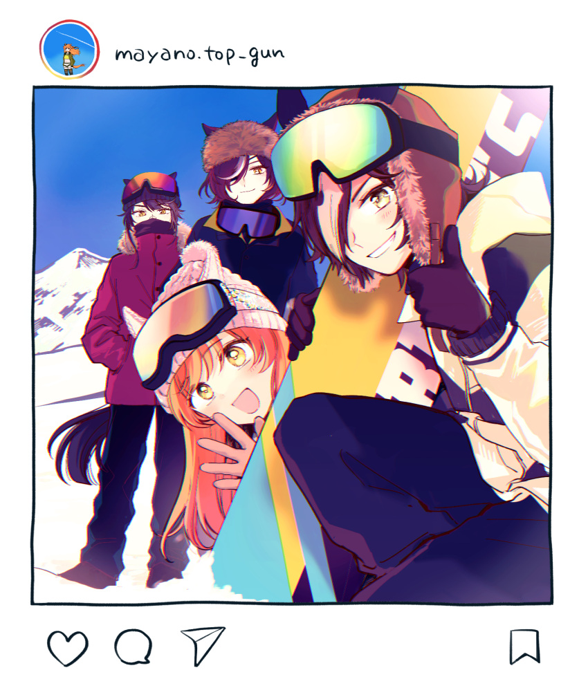 4girls :d alternate_costume animal_ears beanie black_gloves black_hair black_jacket black_pants brown_hair brown_headwear eyepatch gloves goggles goggles_around_neck goggles_on_headwear hair_over_one_eye hat highres holding_snowboard horse_ears horse_girl instagram jacket long_hair long_sleeves mayano_top_gun_(umamusume) multicolored_hair multiple_girls narita_brian_(umamusume) orange_hair pants purple_hair purple_jacket ski_goggles smile streaked_hair tanino_gimlet_(umamusume) thumbs_up umamusume vodka_(umamusume) white_hair white_headwear white_jacket yellow_eyes yonu_(yonurime)