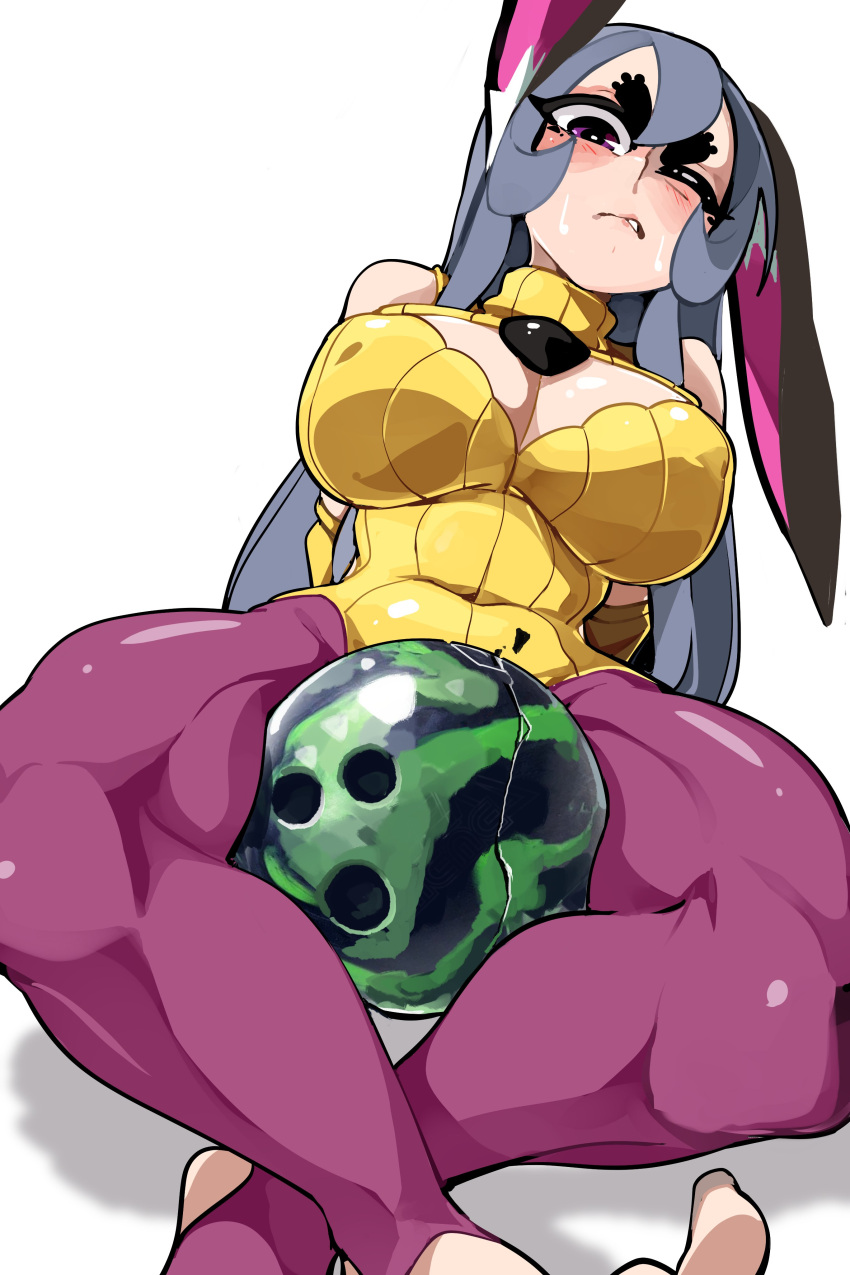 1girl absurdres arm_support ball bongfill bowling_ball breasts cleavage cleavage_cutout clothing_cutout commentary covered_navel covered_nipples crack english_commentary grey_hair half-closed_eyes highres large_breasts leotard muscular muscular_female one_eye_closed original purple_eyes solo sweat tank_(bongfill) turtleneck yellow_leotard