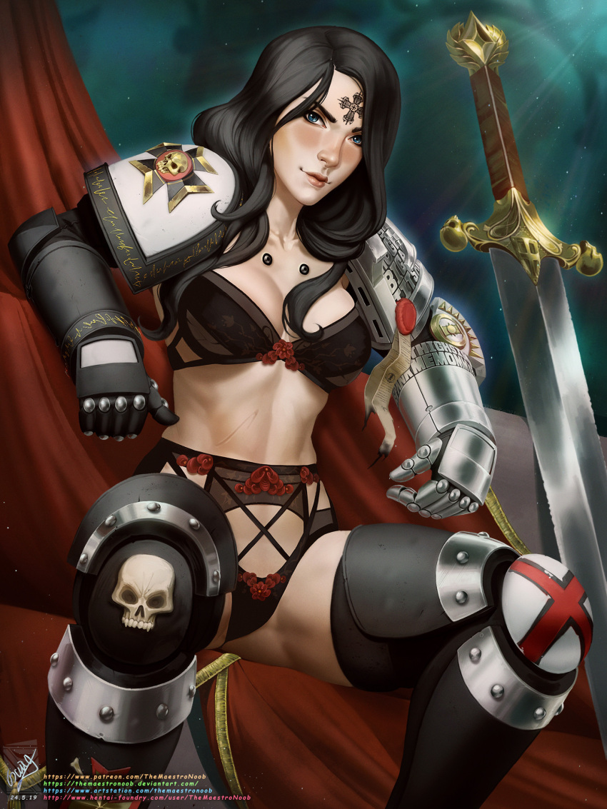 1girl adeptus_astartes armor armored_boots artist_name black_bra black_hair black_panties blue_eyes boots bra chair closed_mouth death_watch forehead_tattoo gauntlets highres lingerie lips muscular muscular_female navel panties pauldrons power_armor scar scar_on_stomach shoulder_armor sitting skull_ornament smile solo space_marine stomach sword tattoo themaestronoob underwear warhammer_40k wax_seal weapon web_address