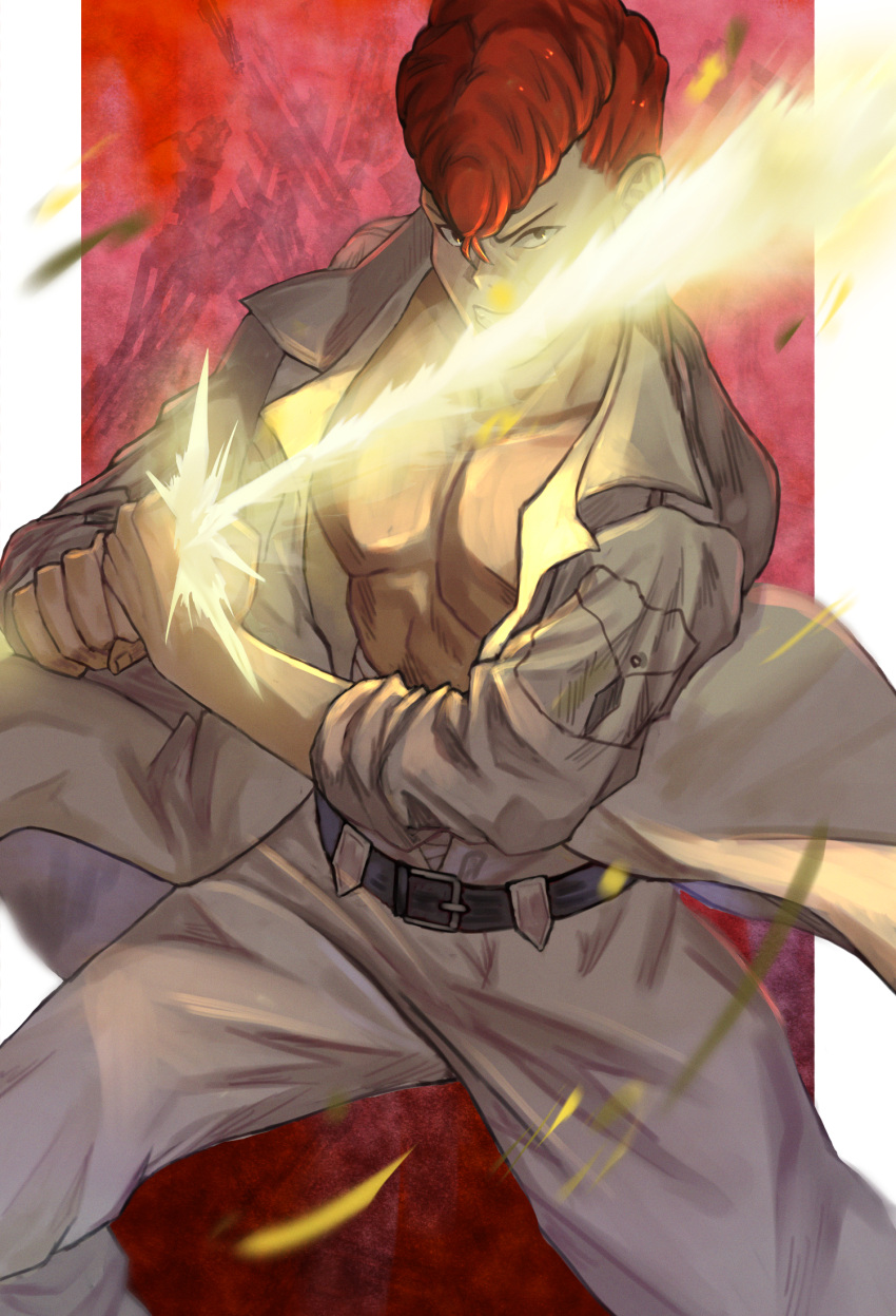 1boy belt energy_sword fighting_stance highres holding holding_sword holding_weapon jacket kuwabara_kazuma long_sleeves looking_at_viewer male_focus open_clothes open_jacket orange_hair pants pectorals pompadour solo sword tomaton_(t_0) topless_male weapon white_jacket white_pants yu_yu_hakusho