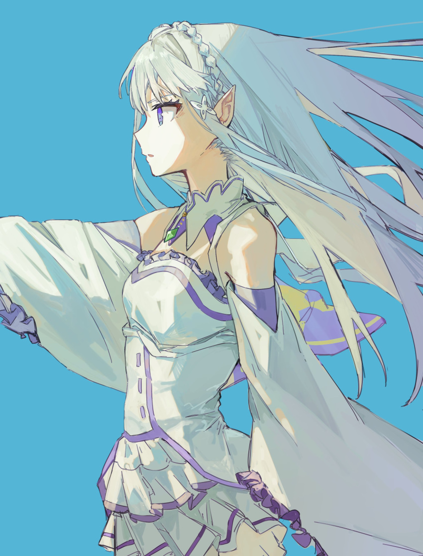 1girl absurdres bangs bare_shoulders blue_background braid clothing_cutout cowboy_shot emilia_(re:zero) flower gem green_gemstone grey_hair hair_flower hair_ornament hair_ribbon highres kurattes long_hair pleated_skirt pointing pointing_to_the_side pointy_ears profile purple_eyes re:zero_kara_hajimeru_isekai_seikatsu ribbon shoulder_cutout sidelocks simple_background skirt solo standing