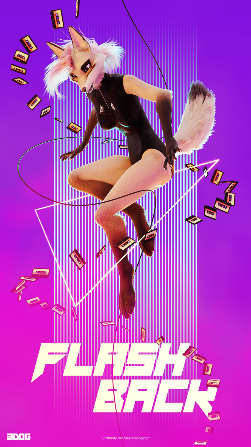 3d_(artwork) anthro blender_(software) canid canine canis cassette_tape claws clothed clothing digital_media_(artwork) english_text female fox fur hair hi_res impreza mammal multicolored_body outside pink_hair simple_background solo tan_body tan_fur text tridognait
