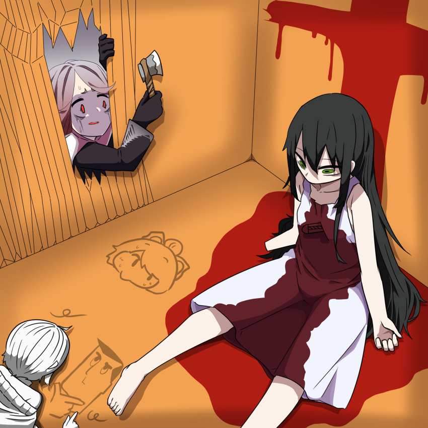 3girls amputee axe barefoot black_gloves black_hair black_shirt black_survival blood blood_on_clothes character_request commentary_request copyright_request dress dying_message foot_out_of_frame gloves green_eyes here's_johnny!_(meme) highres holding holding_axe kurodani_yamame long_hair looking_at_another meme multiple_girls pool_of_blood powerpuff_girls professor_utonium red_eyes rinyamame shirt short_hair sidelocks sissela_(black_survival) sitting stab touhou very_long_hair white_dress