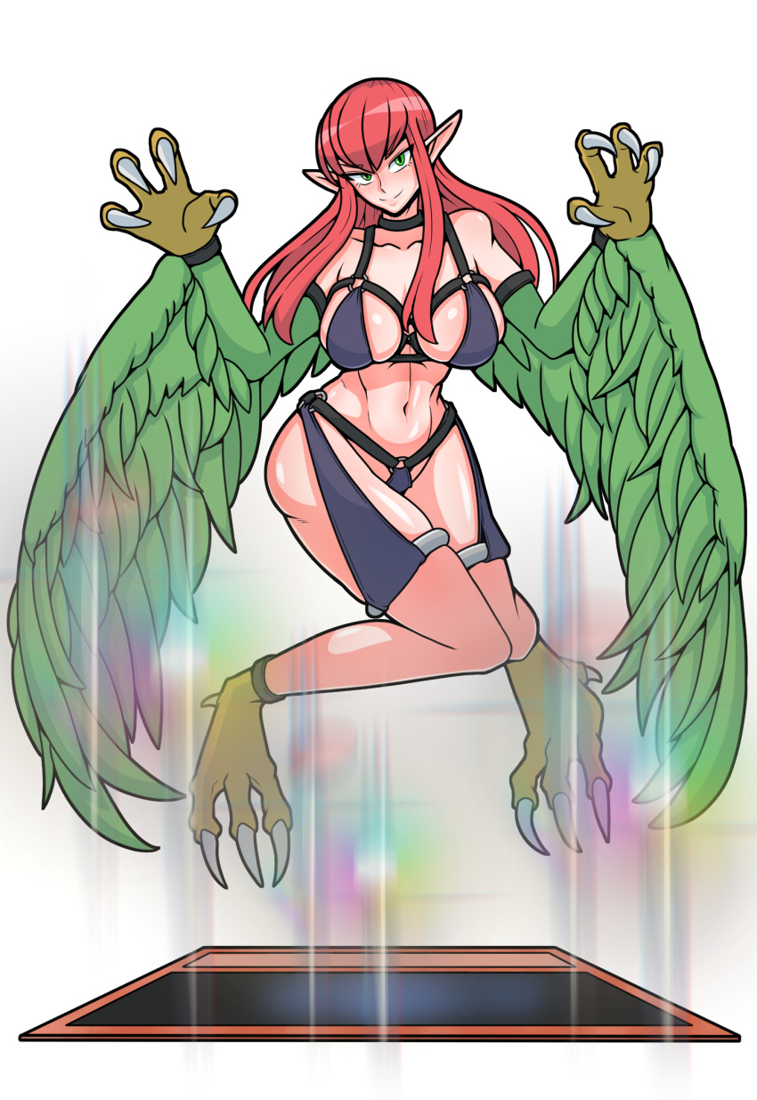 1girl bangs bare_shoulders bigaggro breasts card claws commentary_request duel_monster feathered_wings feathers green_eyes green_feathers green_wings harpie_lady harpy highres korean_commentary large_breasts long_hair monster_girl navel pink_hair pointy_ears revealing_clothes solo summoning talons very_long_hair winged_arms wings yu-gi-oh!