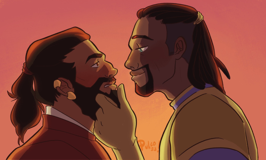 2boys bara beard blush couple dark-skinned_male dark_skin dragon_age dragon_age_absolution dwarf emopulco eye_contact facial_hair from_side goatee highres interracial lacklon_(dragon_age) long_beard looking_at_another male_focus mature_male multiple_boys playing_with_beard ponytail roland_(dragon_age) smile thick_eyebrows undercut upper_body yaoi