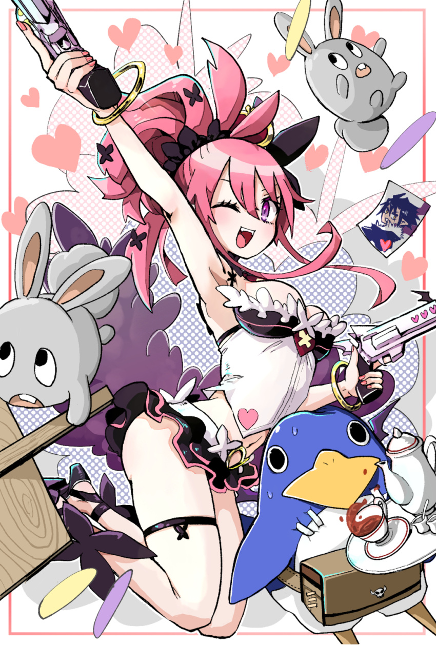 arm_up bird bracelet breasts cup disgaea dual_wielding gun hanimitsu_(bisko) heart highres holding holding_gun holding_plate holding_weapon jewelry makai_senki_disgaea_5 midriff miniskirt nail_polish navel one_eye_closed open_mouth penguin photo_(object) pink_hair plate ponytail prinny purple_eyes rabbit seraphina_(disgaea) skirt tea teacup teapot teeth thigh_strap upper_teeth_only weapon