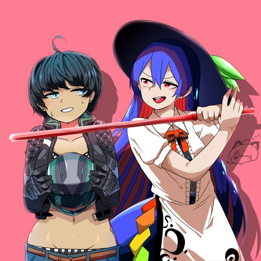 2girls ahoge belt black_gloves black_hair black_headwear black_jacket black_survival blue_eyes blue_hair blue_pants blue_skirt blush bow bowtie breasts brown_belt buttons center_frills colored_inner_hair cowboy_shot crossover earrings frills gloves grin groin hat highres hinanawi_tenshi jacket jewelry kurodani_yamame leaf_hat leather leather_jacket long_hair looking_at_another midriff multicolored_hair multiple_girls navel open_mouth pants pink_background rainbow_order red_bow red_bowtie red_eyes red_hair rinyamame shirt short_hair short_sleeves silvia_piquet simple_background skirt small_breasts smile stud_earrings sword_of_hisou touhou very_long_hair white_shirt