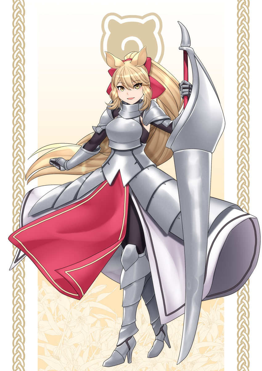 1girl absurdres animal_ears armor armored_boots armored_skirt bangs blonde_hair bodystocking bodystocking_under_clothes boots breastplate full_body gauntlets hair_between_eyes high_heels high_ponytail highres holding holding_polearm holding_weapon japari_symbol kawanami_eito kemono_friends lance long_hair looking_at_viewer outstretched_arm parted_lips polearm ponytail rhinoceros_ears shoulder_armor smile solo standing very_long_hair weapon white_rhinoceros_(kemono_friends) yellow_eyes