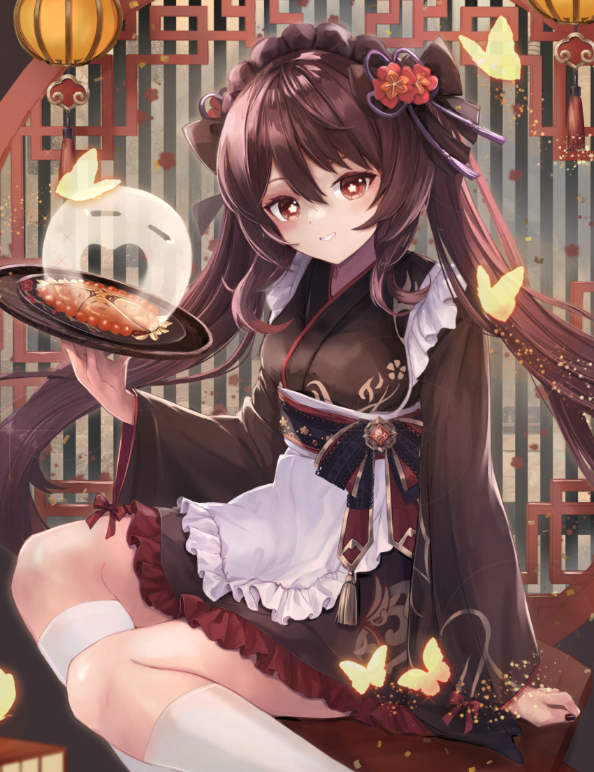 1girl alternate_costume apron bangs black_bow black_hairband black_kimono black_nails black_sash boo_tao_(genshin_impact) bow brown_eyes brown_hair brown_kimono bug butterfly commentary_request enmaided feet_out_of_frame floating_hair flower flower-shaped_pupils food frilled_apron frilled_hairband frilled_kimono frills genshin_impact grin hair_bow hair_flower hair_ornament hairband hand_up highres holding holding_tray hu_tao_(genshin_impact) itone_114 japanese_clothes kimono lantern long_hair long_sleeves looking_at_viewer maid maid_apron maid_headdress nail_polish obi plate plum_blossoms sash sidelocks sitting smile socks solo sparkle symbol-shaped_pupils tassel tassel_hair_ornament thighs tray twintails very_long_hair vision_(genshin_impact) wa_maid white_apron white_socks wide_sleeves
