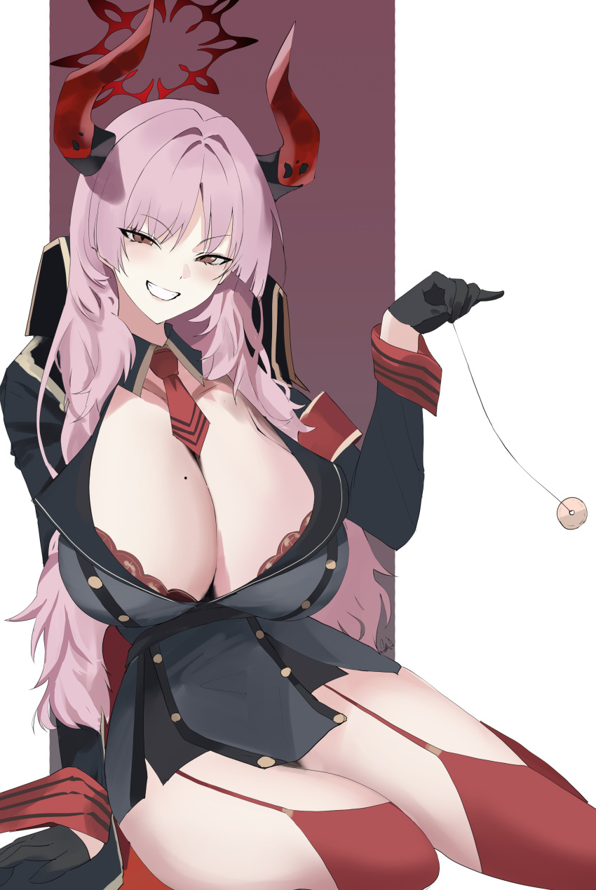 1girl absurdres armband aya_roushi bangs black_gloves blue_archive bra breasts buttons cleavage coin coin_on_string collar demon_horns detached_collar garter_straps gloves grey_jacket half_gloves halo highres horns jacket lace-trimmed_bra lace_trim large_breasts long_hair long_sleeves looking_at_viewer military military_jacket military_uniform mole mole_on_breast necktie orange_eyes pink_hair red_armband red_bra red_garter_straps red_horns red_necktie red_thighhighs satsuki_(blue_archive) sitting solo thighhighs underwear uniform