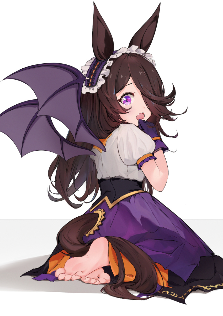 1girl absurdres animal_ears bangs barefoot bat_wings brown_hair fang feet frilled_hairband frills gloves hair_over_one_eye hairband halloween halloween_costume hermityy high-waist_skirt highres horse_ears horse_girl kneeling long_bangs long_hair make_up_in_halloween!_(umamusume) official_alternate_costume open_mouth puffy_short_sleeves puffy_sleeves purple_eyes purple_gloves purple_hairband purple_skirt purple_wings rice_shower_(make_up_vampire!)_(umamusume) rice_shower_(umamusume) shirt short_sleeves skirt soles solo tail tail_through_clothes toes umamusume white_shirt wings