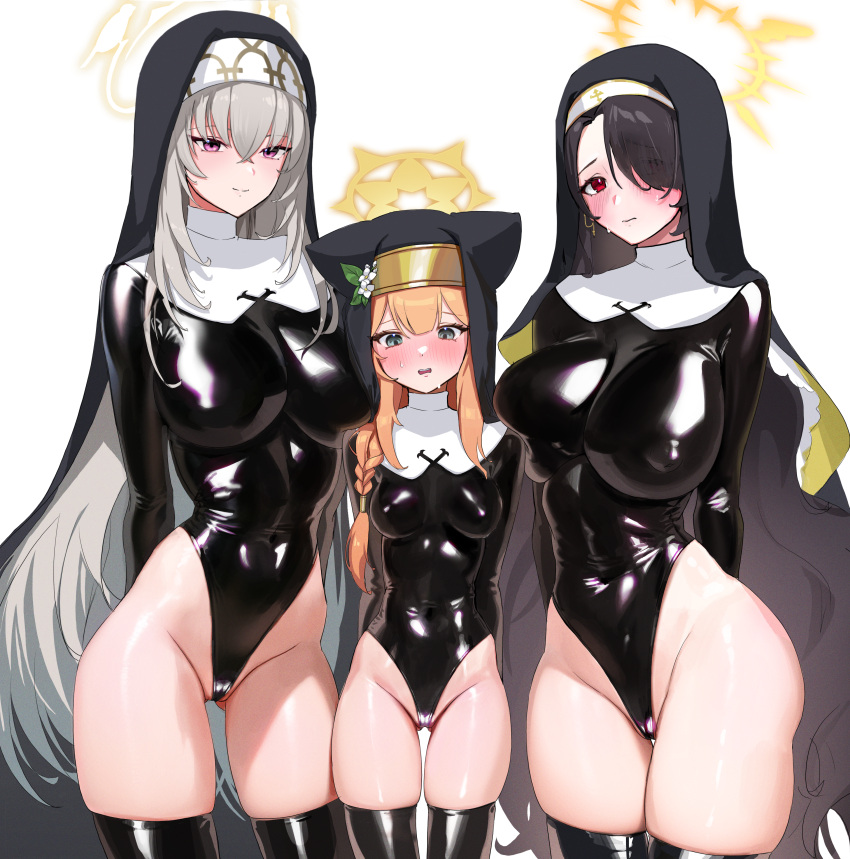 3girls absurdres animal_ears bangs black_hair black_headwear black_thighhighs blue_archive blush braid breast_press breasts chochomi closed_mouth covered_navel covered_nipples crossed_bangs habit hair_over_one_eye halo height_difference highleg highleg_leotard highres hinata_(blue_archive) justina_follower_(blue_archive) large_breasts latex latex_leotard leotard long_hair looking_at_viewer mari_(blue_archive) medium_breasts multiple_girls nose_blush nun orange_hair paid_reward_available parted_lips red_eyes sakurako_(blue_archive) side_braid simple_background skindentation sweat thighhighs very_long_hair white_background