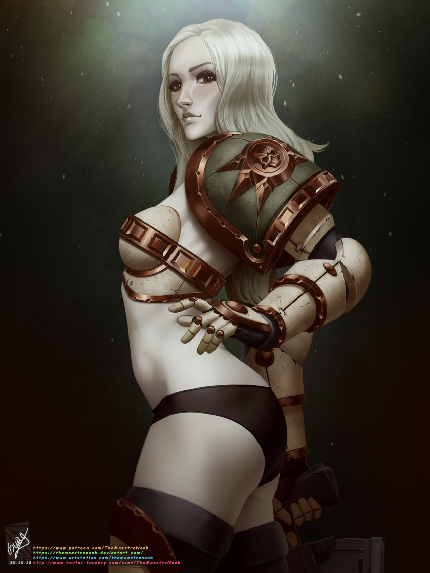 1girl adeptus_astartes armor armored_boots artist_name bikini_armor bolter boots breasts death_guard gauntlets grey_hair gun highres holding holding_gun holding_weapon lips long_hair long_sleeves looking_at_viewer looking_back pale_skin pauldrons power_armor shoulder_armor skull_ornament solo space_marine themaestronoob warhammer_40k weapon web_address