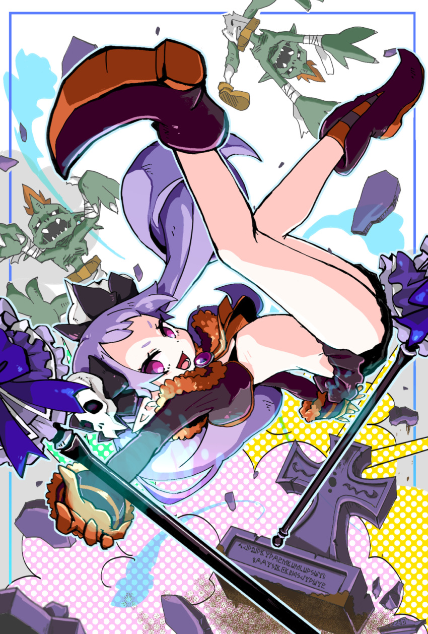 1girl black_bra boots bra disgaea gloves glowing hair_ornament hanimitsu_(bisko) highres lower_teeth_only magic majorita_(disgaea) makai_senki_disgaea_5 microskirt miniskirt open_mouth pointy_ears purple_eyes purple_hair skirt skull_hair_ornament socks solo staff striped striped_socks teeth tombstone twintails underwear zombie