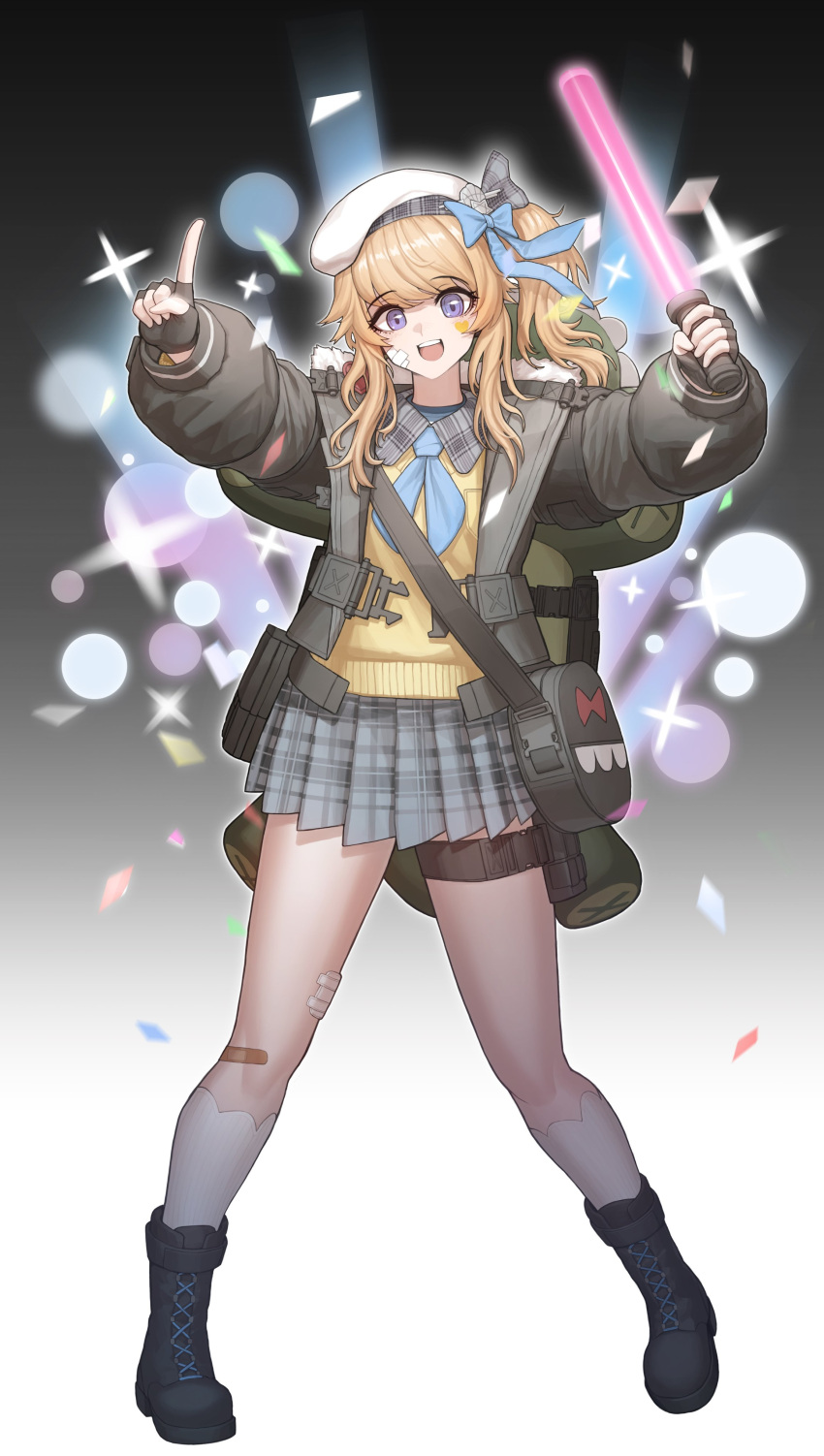1girl :d absurdres backpack bag bandage_on_face bandages bandaid bandaid_on_leg beret black_background blonde_hair blue_bow boots bow cheogtanbyeong coat commentary_request fingerless_gloves full_body girls'_frontline girls'_frontline_2:_exilium gloves glowstick gradient_background hair_bow hat highres holding_glowstick long_hair looking_at_viewer one_side_up open_clothes open_coat open_mouth pleated_skirt skirt smile socks solo sweater vepley_(girls'_frontline_2) white_background white_headwear white_socks